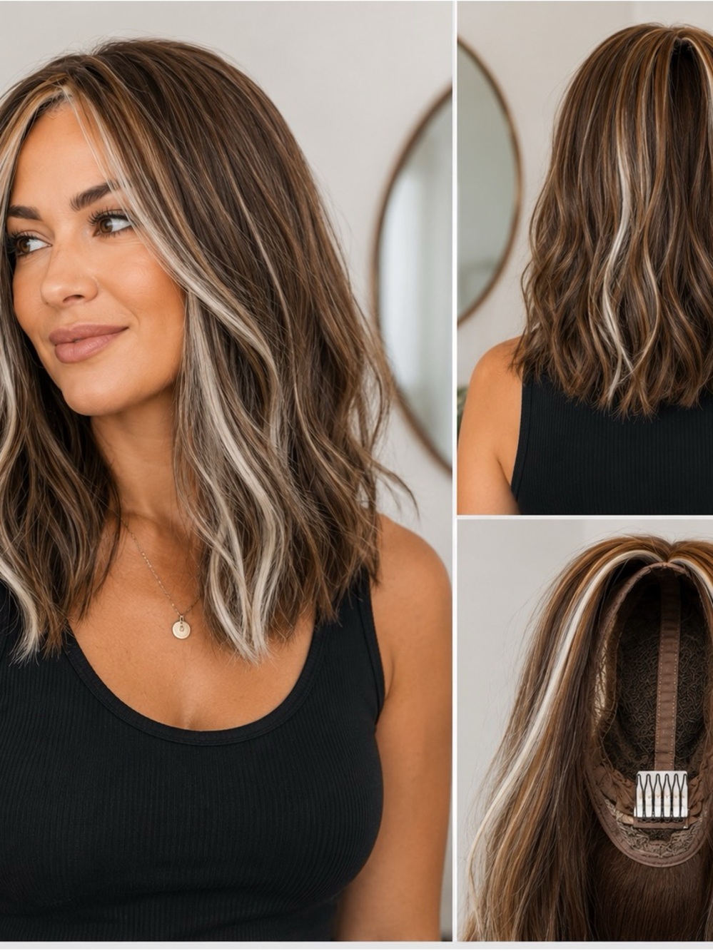 Brown Shoulder-Length Wig with Blonde Highlights - Women's Hair